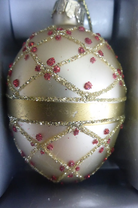 Sass & Belle Red & Gold Heirloom Oval Egg 3D Glass Christmas Bauble Set of 4