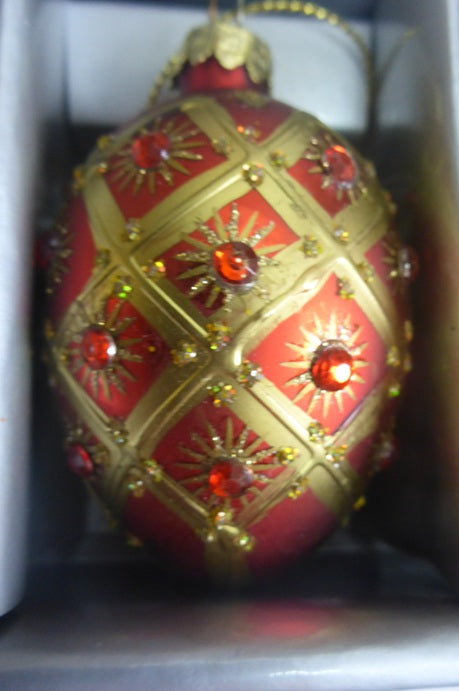 Sass & Belle Red & Gold Heirloom Oval Egg 3D Glass Christmas Bauble Set of 4