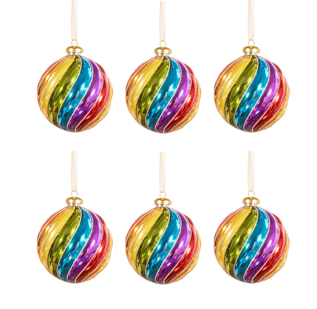 Sass & Belle Glass Bauble Christmas Tree Decoration Set of 6 - Spiral Rainbow