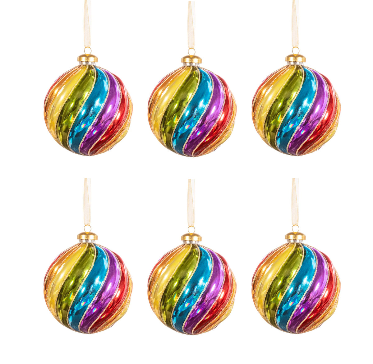 Sass & Belle Glass Bauble Christmas Tree Decoration Set of 6 - Spiral Rainbow