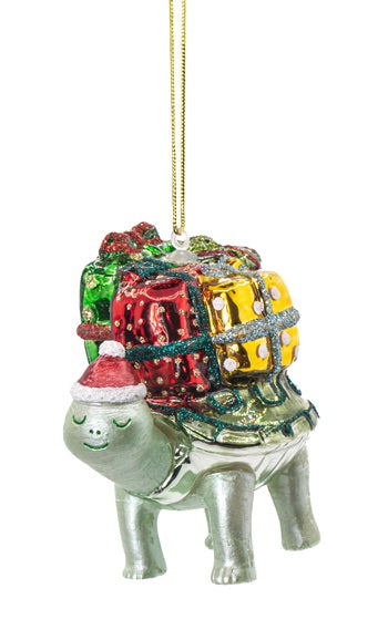 Sass & Belle Tortoise with Presents Glass 3D Christmas Bauble Decoration
