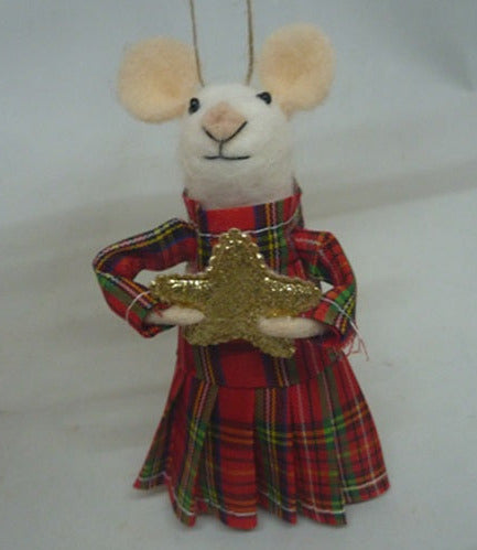 Sass & Belle Felt Hanging Christmas Tree Decoration - Tartan Dress Mouse