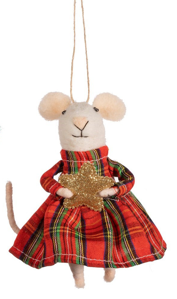 Sass & Belle Felt Hanging Christmas Tree Decoration - Tartan Dress Mouse