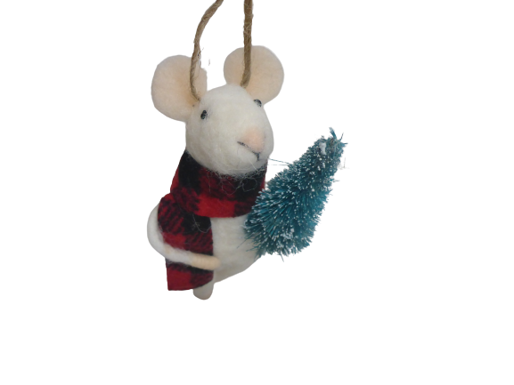 Sass & Belle Felt Hanging Christmas Tree Decoration - Tartan Scarf Mouse