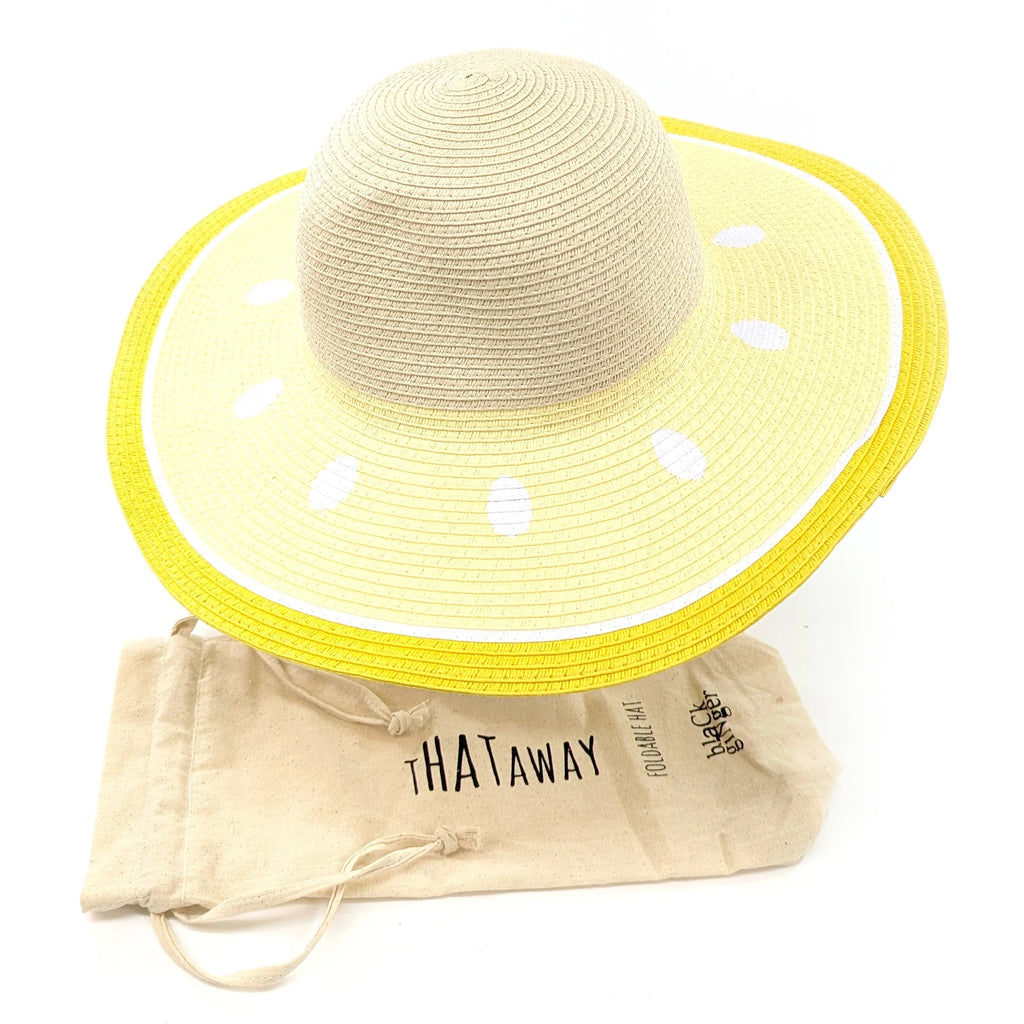 Black Ginger Wide Brim Sun Hat Foldable Roll Up + Travel Bag - Lemon Slice