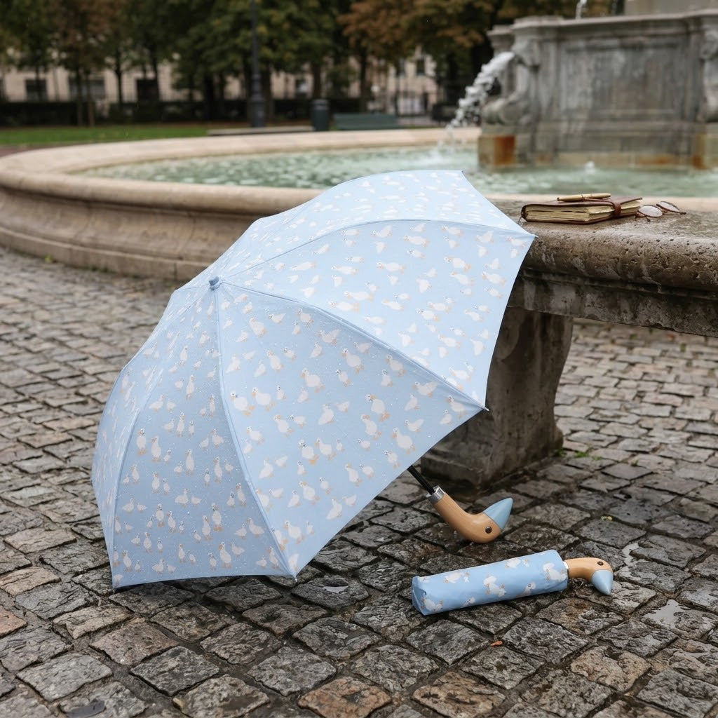 Fulton Curio Blue Duck Print Compact Umbrella with Wooden Duck Head Handle
