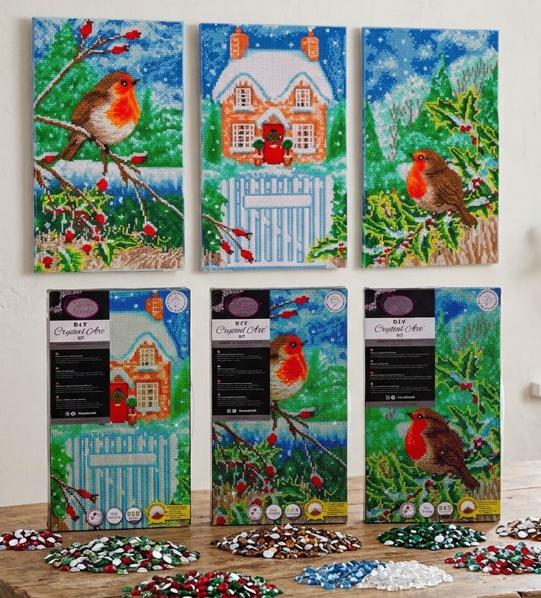 Craft Buddy Snowy House Robins Crystal Art Triptych Canvas Kit — Set of 3