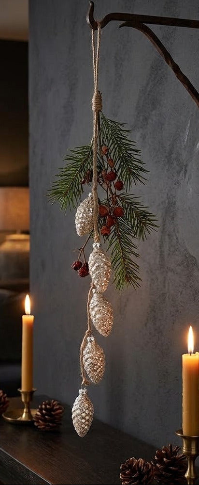 Sass & Belle Silver Glass Pinecone Hanging Decoration with 5 Pinecones