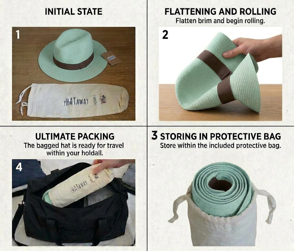 Black Ginger Panama Hat Foldable Roll Up + Travel Bag - Mint Green