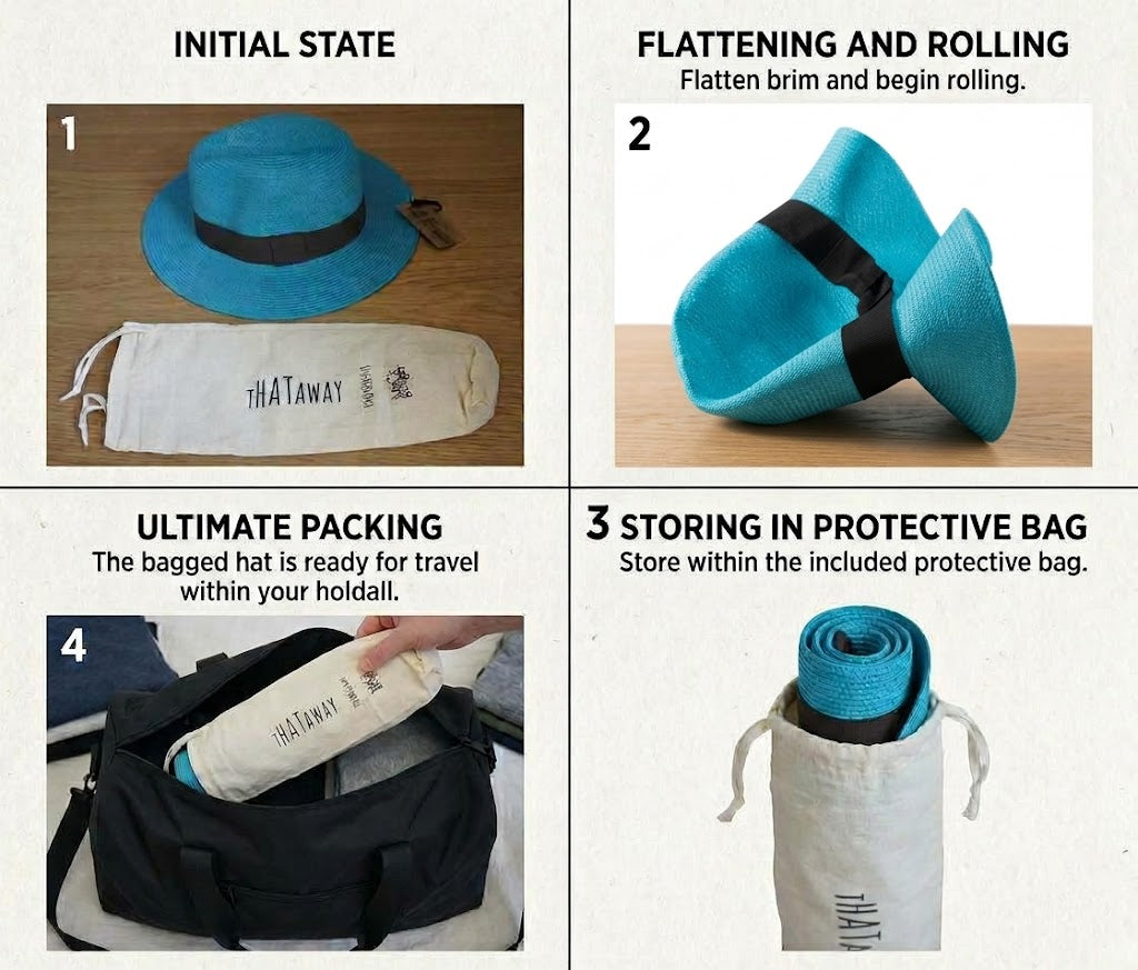 Black Ginger Panama Hat Foldable Roll Up + Travel Bag - Royal Blue