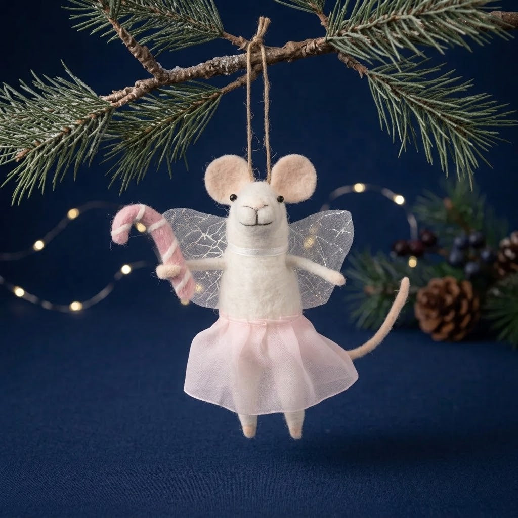 Sass & Belle Felt Mouse Hanging Christmas Tree Decoration - Fairy with Candy Cane