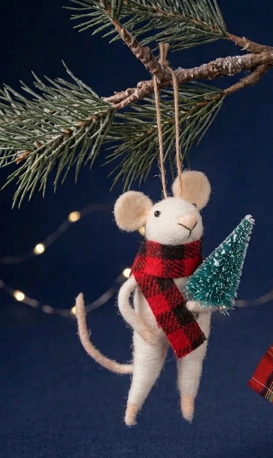 Sass & Belle Felt Hanging Christmas Tree Decoration - Tartan Scarf Mouse