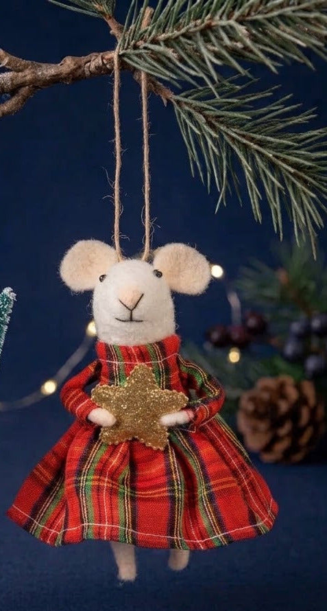 Sass & Belle Felt Hanging Christmas Tree Decoration - Tartan Dress Mouse