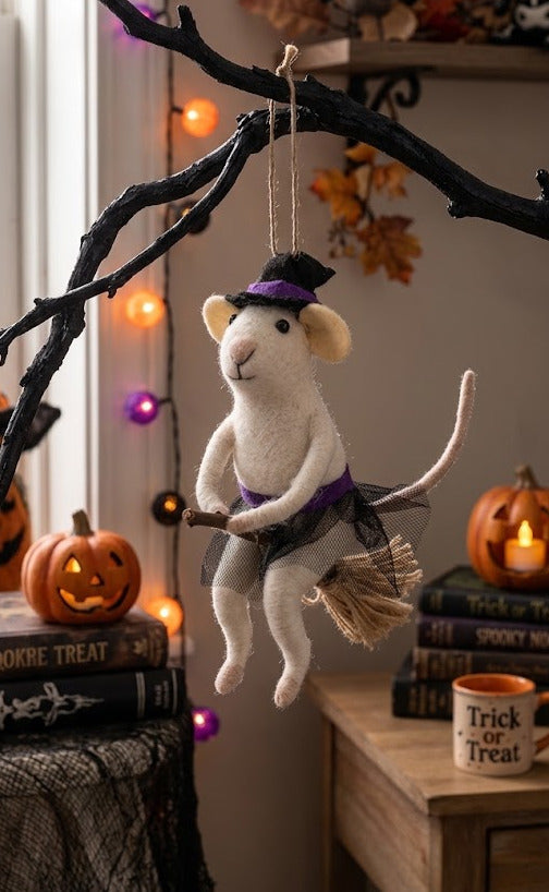 Sass & Belle Felt Hanging Halloween Tree Decoration - Witch Mouse on a Broomstick