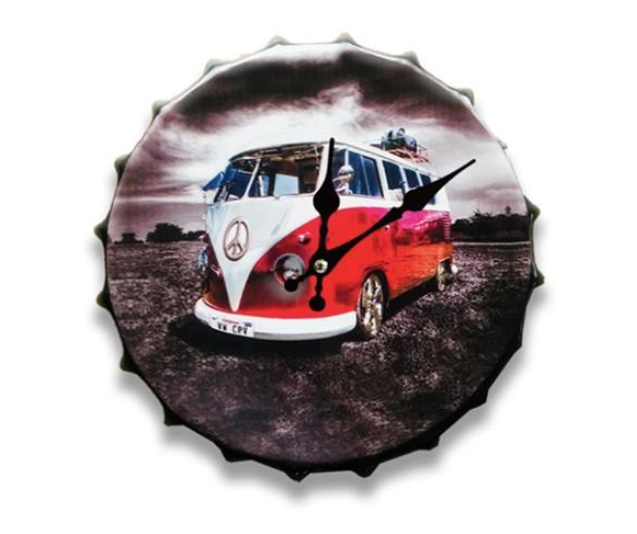 Vintage Retro Metal Bottle Cap Wall Clock - Camper Peace Van