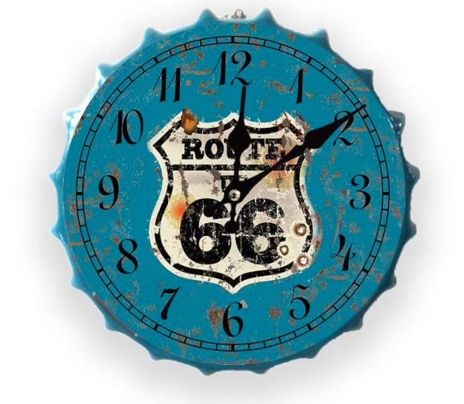 Vintage Retro Metal Bottle Cap Wall Clock - Route 66 Blue