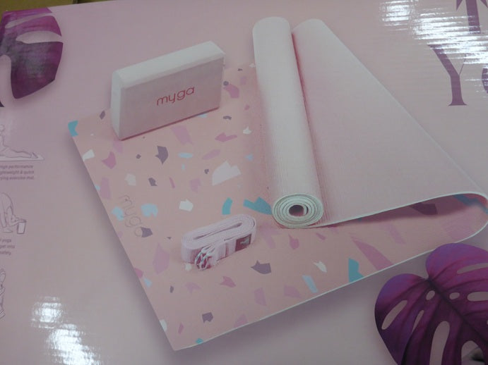 Myga Yoga 3 Piece Starter Kit 6mm Mat, Block & Sling Strap - Terrazzo Pink