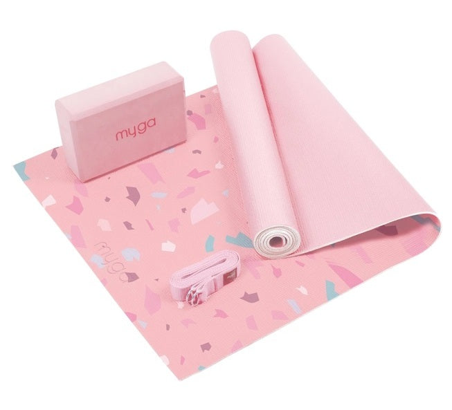Myga Yoga 3 Piece Starter Kit 6mm Mat, Block & Sling Strap - Terrazzo Pink