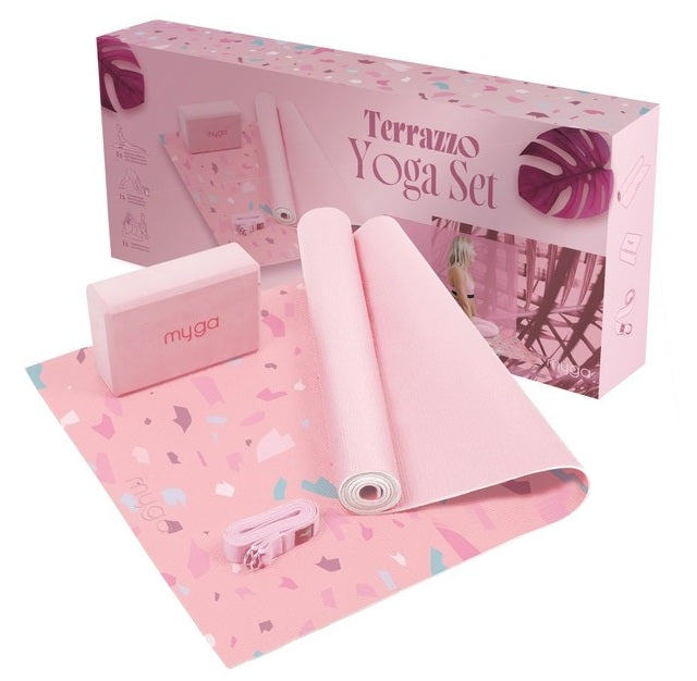 Myga Yoga 3 Piece Starter Kit 6mm Mat, Block & Sling Strap - Terrazzo Pink