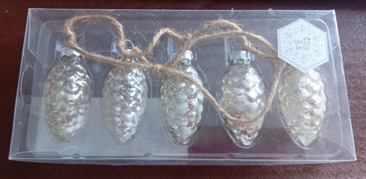 Sass & Belle Silver Glass Pinecone Hanging Decoration with 5 Pinecones