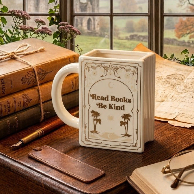Read Books Be Kind Book Shaped Ceramic Mug | White | The Book Club | Something Different