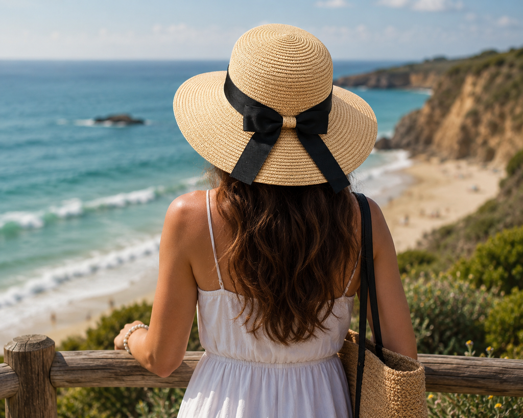 Black Ginger Foldable Wide Brim Sun Hat Natural with Black Bow & Travel Bag
