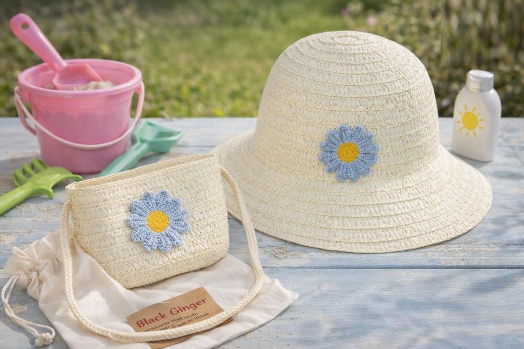 Black Ginger Children's Cream Blue Flower Sun Hat with Matching Bag & Travel Pouch