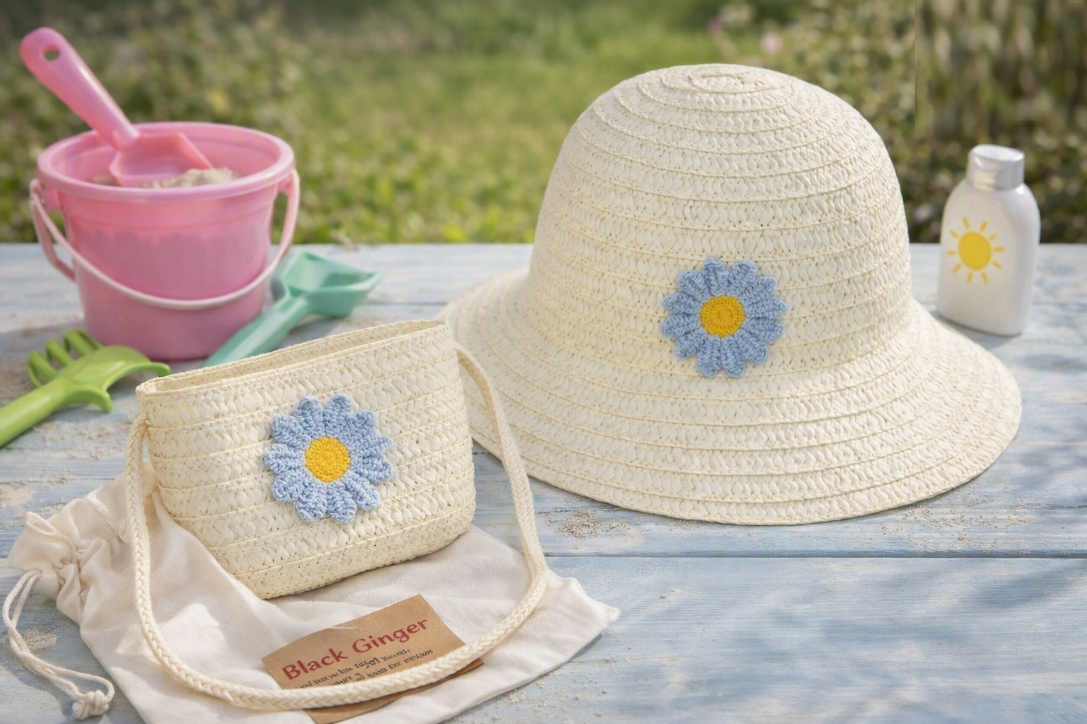 Black Ginger Children's Cream Blue Flower Sun Hat with Matching Bag & Travel Pouch