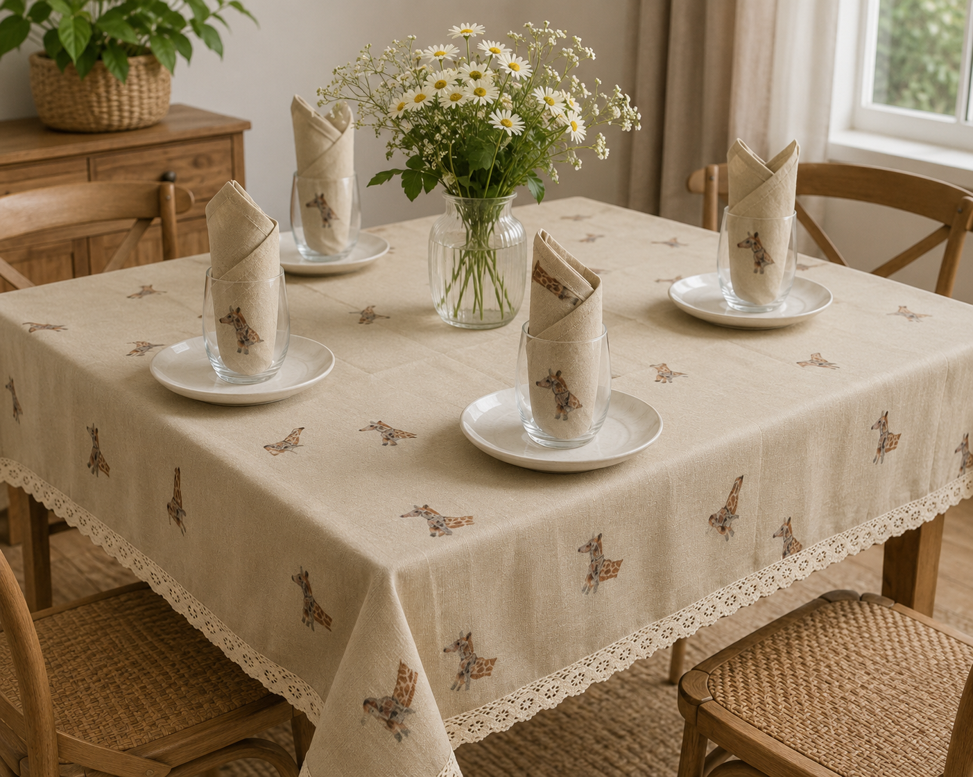 Black Ginger Kat Jackson Giraffe Rectangular Tablecloth 180x140cm with 4 Cloth Napkins