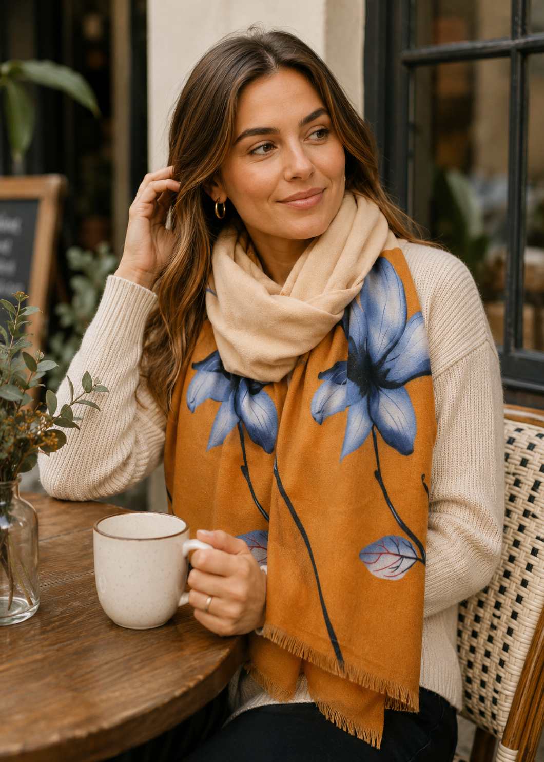Black Ginger Magnolia Pashmina Style Scarf Mustard & Grey 180cm x 70cm
