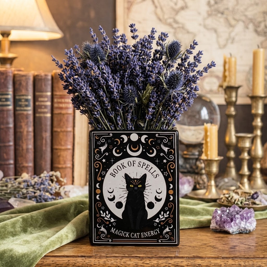 Black Cat Magick Book of Spells Shaped Flower Vase | Spirit of Equinox