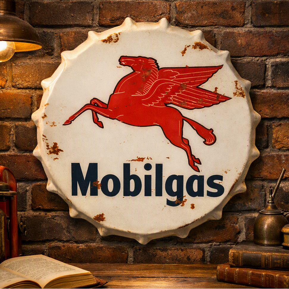Mobilgas Pegasus Vintage Metal Bottle Top Wall Sign Retro Bar & Man Cave Décor