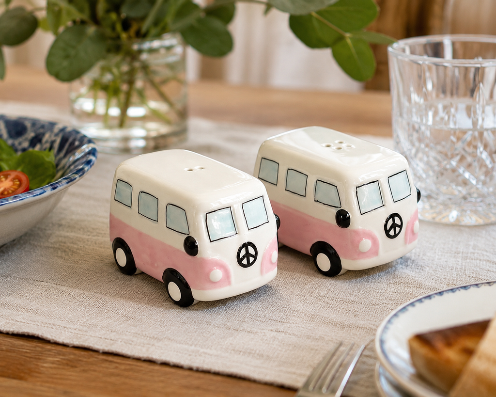 Retro Camper Van Salt & Pepper Shaker Set – Pink & White Ceramic Cruet