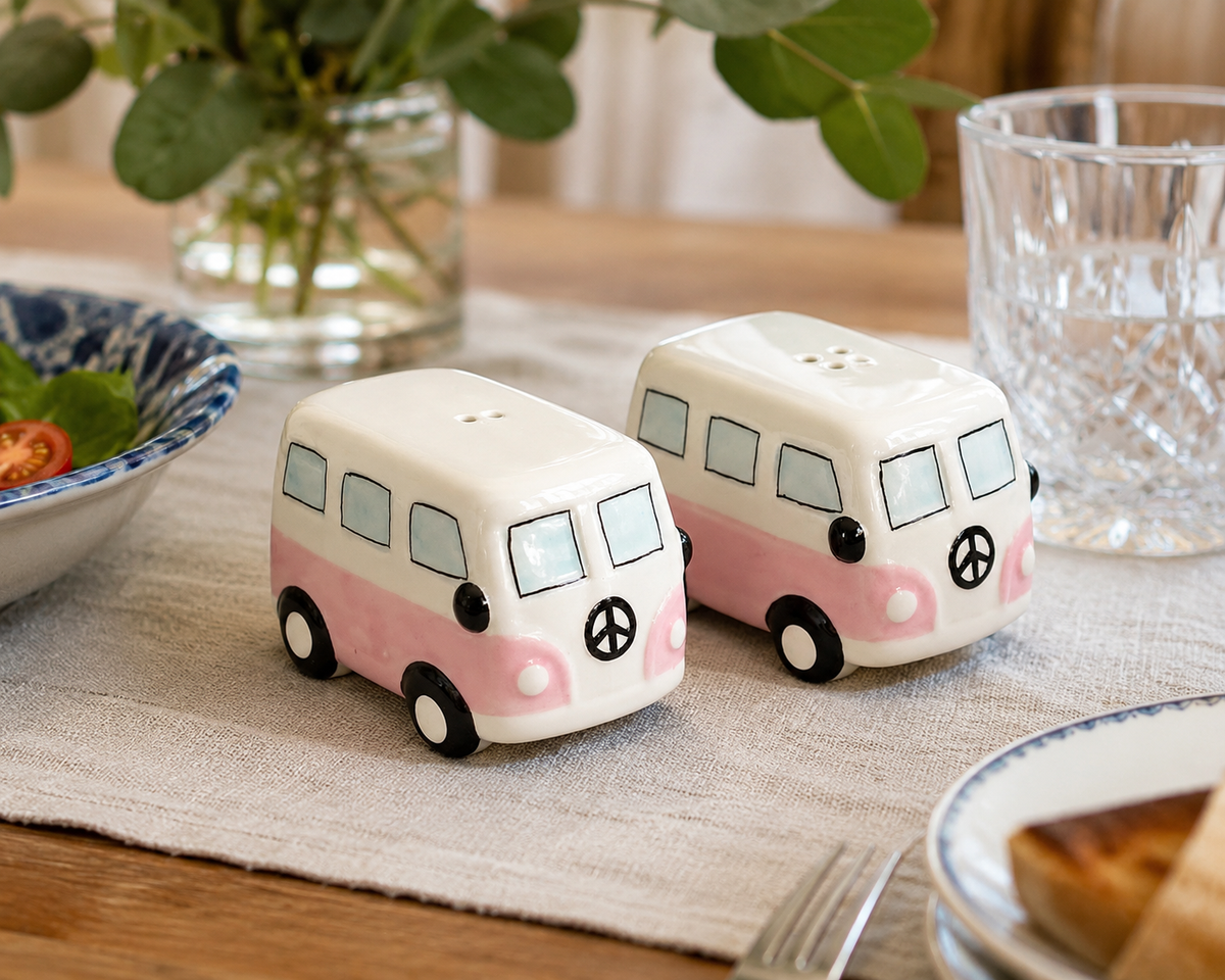 Retro Camper Van Salt & Pepper Shaker Set – Pink & White Ceramic Cruet