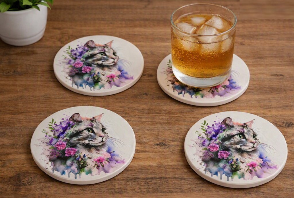 Kozzy Rainbow Animal Ceramic Coasters Set of 4 | Watercolour Cat Purple & Blue