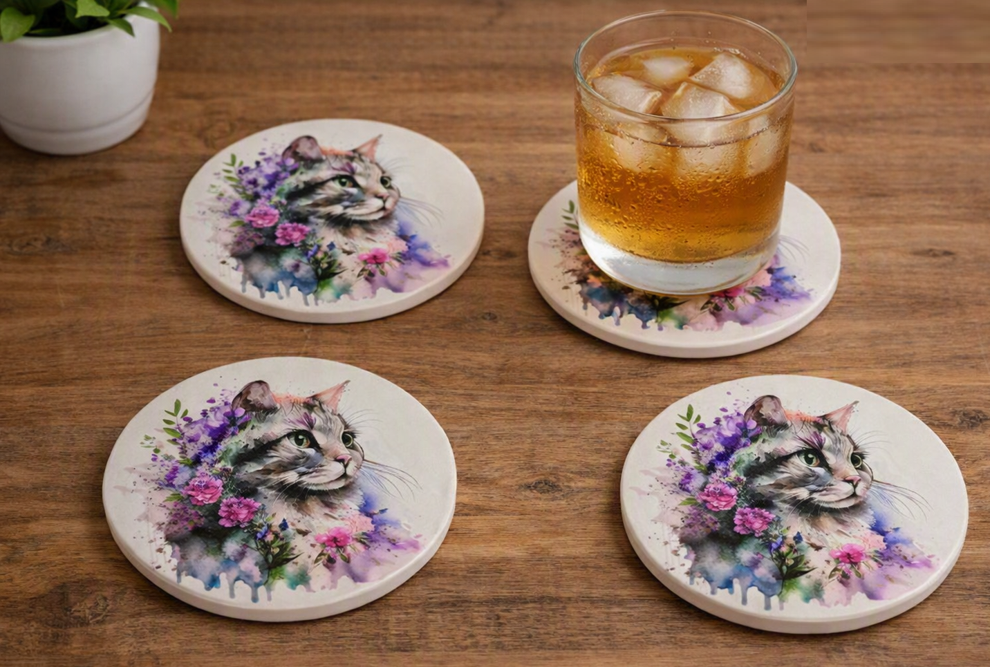Kozzy Rainbow Animal Ceramic Coasters Set of 4 | Watercolour Cat Purple & Blue