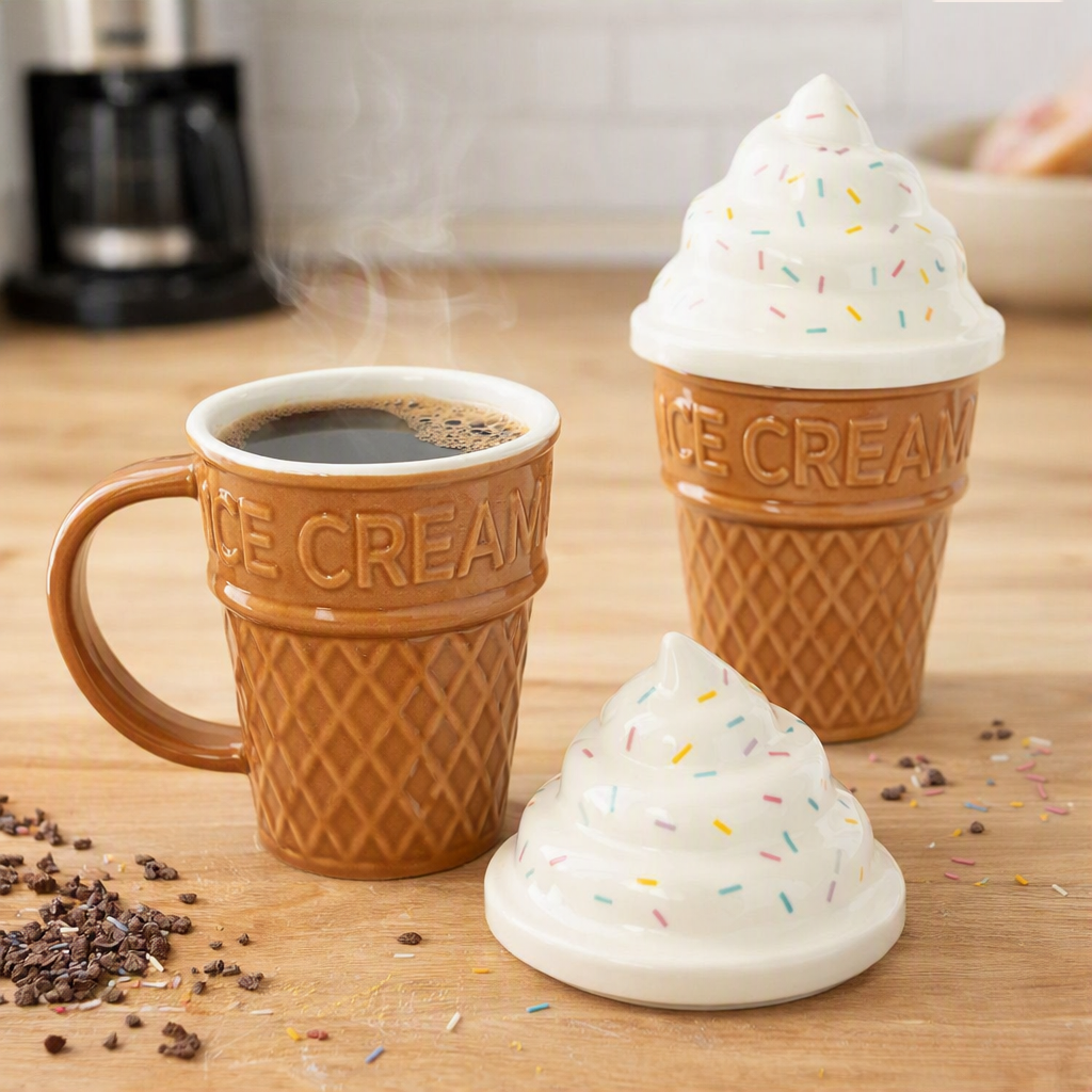 Something Different Ice Cream Cone Shaped Ceramic Mug with Lid