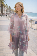 Black Ginger Magnolia Flower Pattern Kaftan Beach Cover Up Purple
