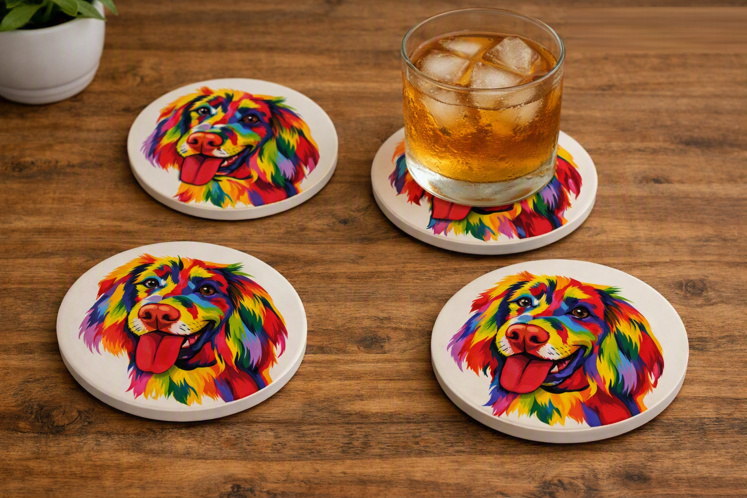 Kozzy Rainbow Animal Ceramic Coasters Set of 4 | Pop Art Spaniel Dog