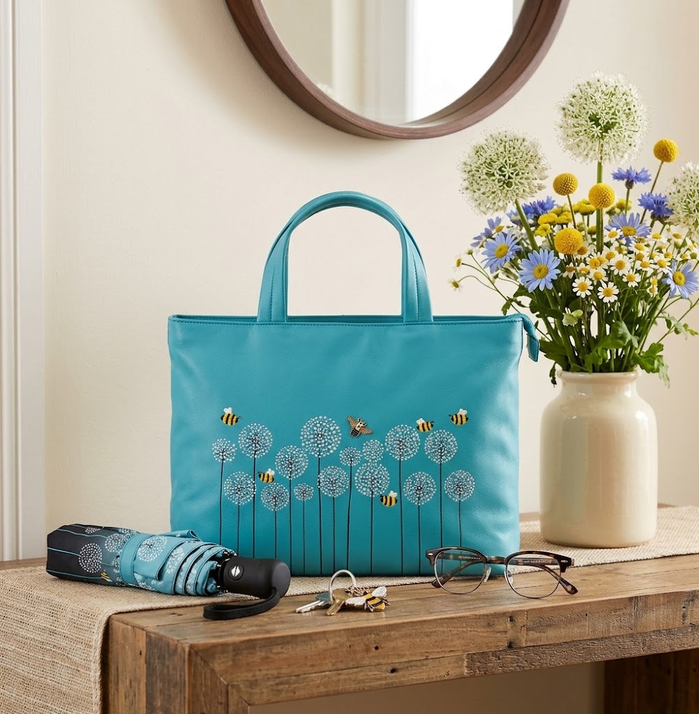 Mala Leather Grab Shoulder Handbag + Dust Bag - Moonflower Turquoise Blue