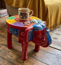 Something DIfferent Hand-Carved Wooden Elephant Stool & Plant Stand | Red Multicolour