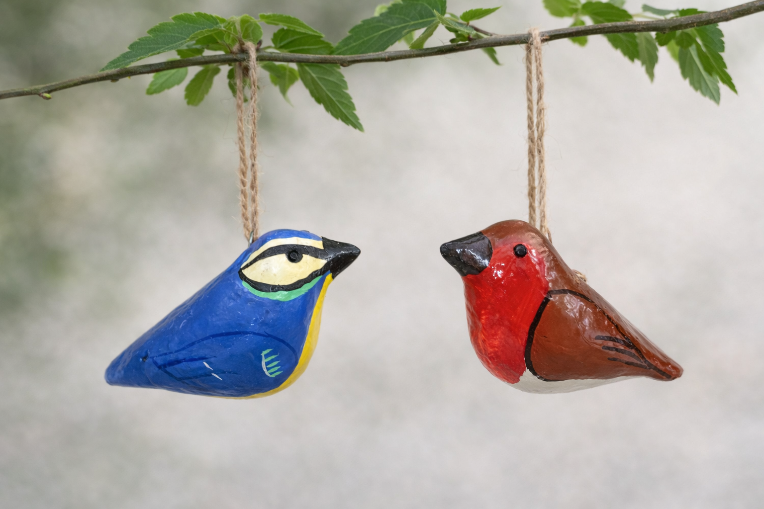 Sass & Belle Papier Mâché Bird Decorations | Robin & Blue Tit Hanging Ornaments | Set of 2