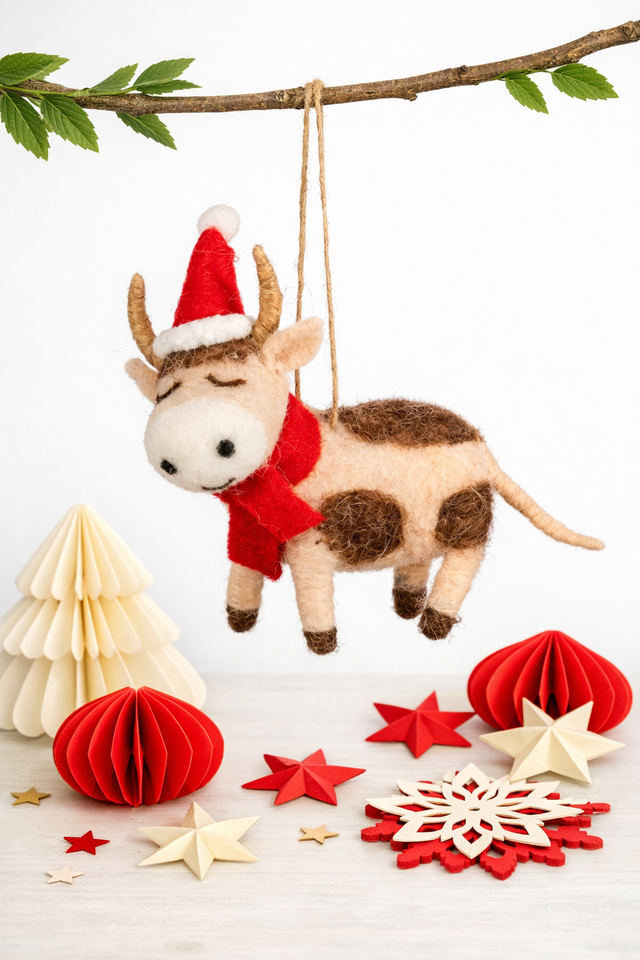 Sass & Belle Festive Cow Felt Christmas Hanging Decoration