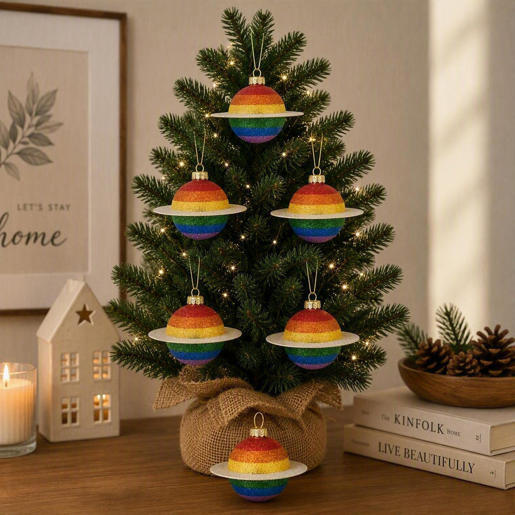 Sass & Belle Christmas Tree Hanging Decoration - Glitter Rainbow Planet Shaped Multicoloured Bauble Set of 6