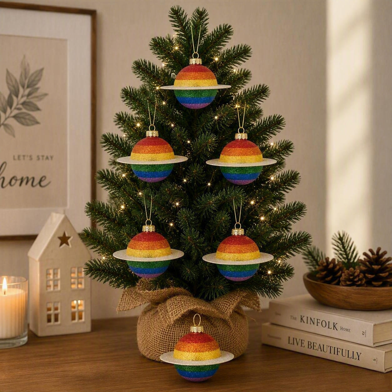 Sass & Belle Christmas Tree Hanging Decoration - Glitter Rainbow Planet Shaped Multicoloured Bauble Set of 6