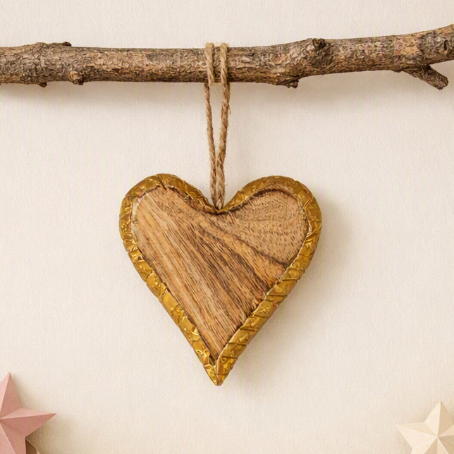 Sass & Belle Natural Wood Heart Hanging Christmas Decoration with Gold Rim