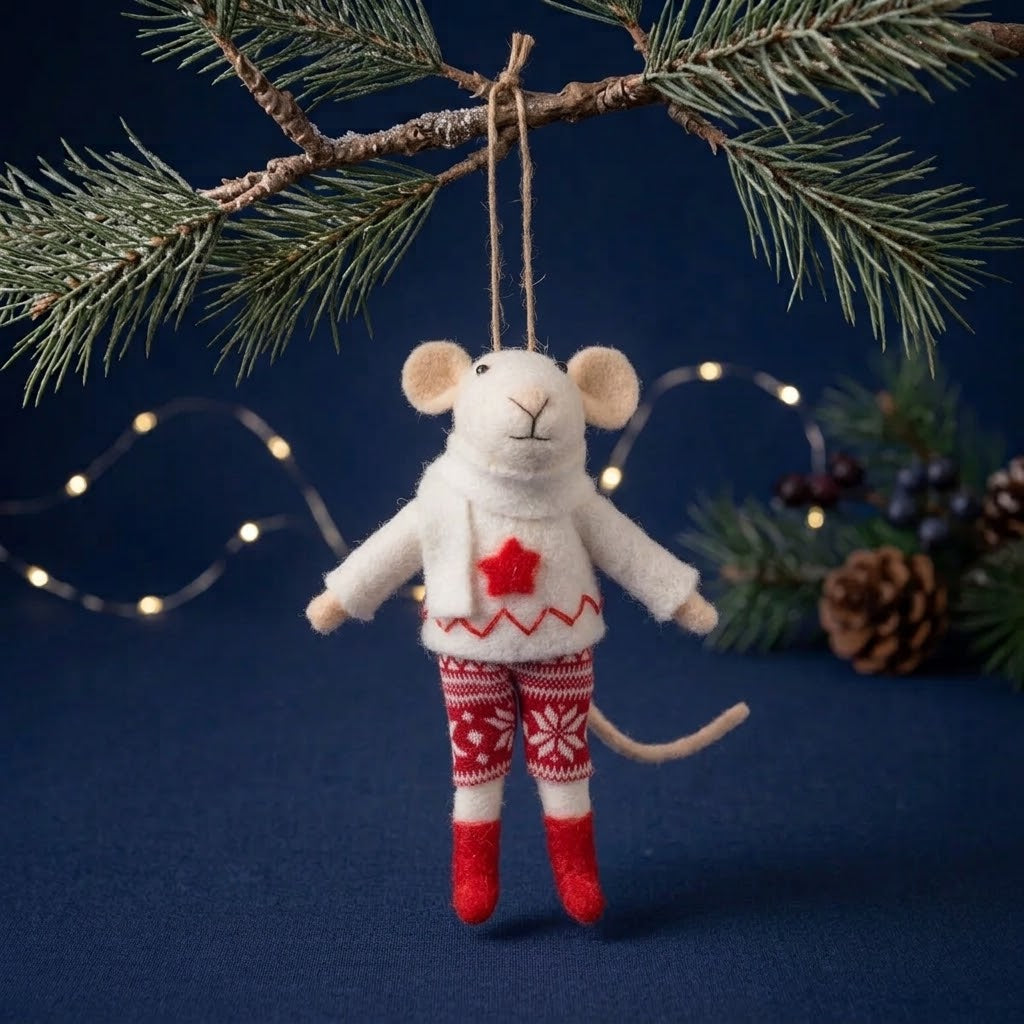 Sass & Belle Felt Hanging Christmas Tree Decoration - Mr Mouse in a Jumper