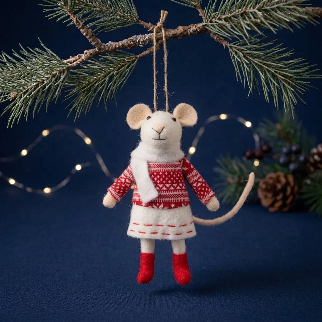 Sass & Belle Felt Hanging Christmas Tree Decoration - Mrs Mouse in a Jumper