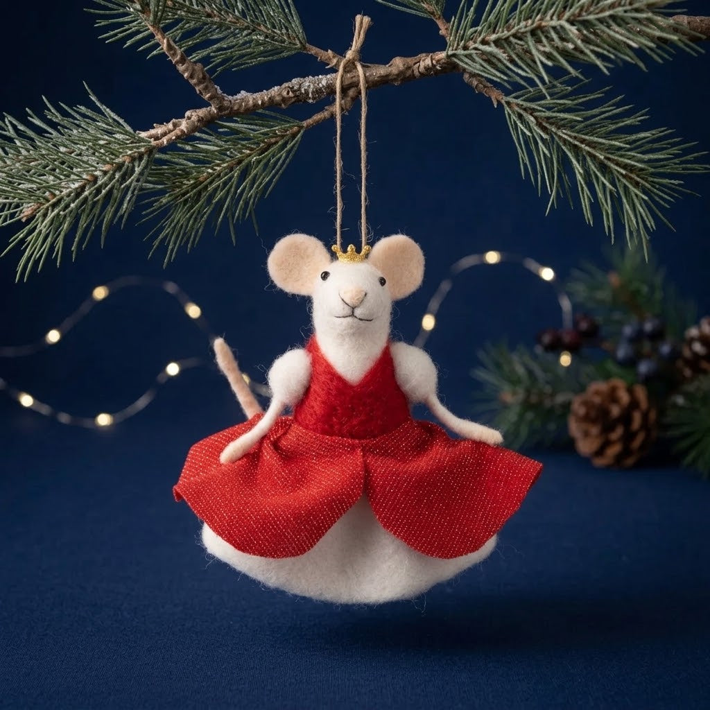 Sass & Belle Felt Mouse Hanging Christmas Tree Decoration - Queen in Red Dress