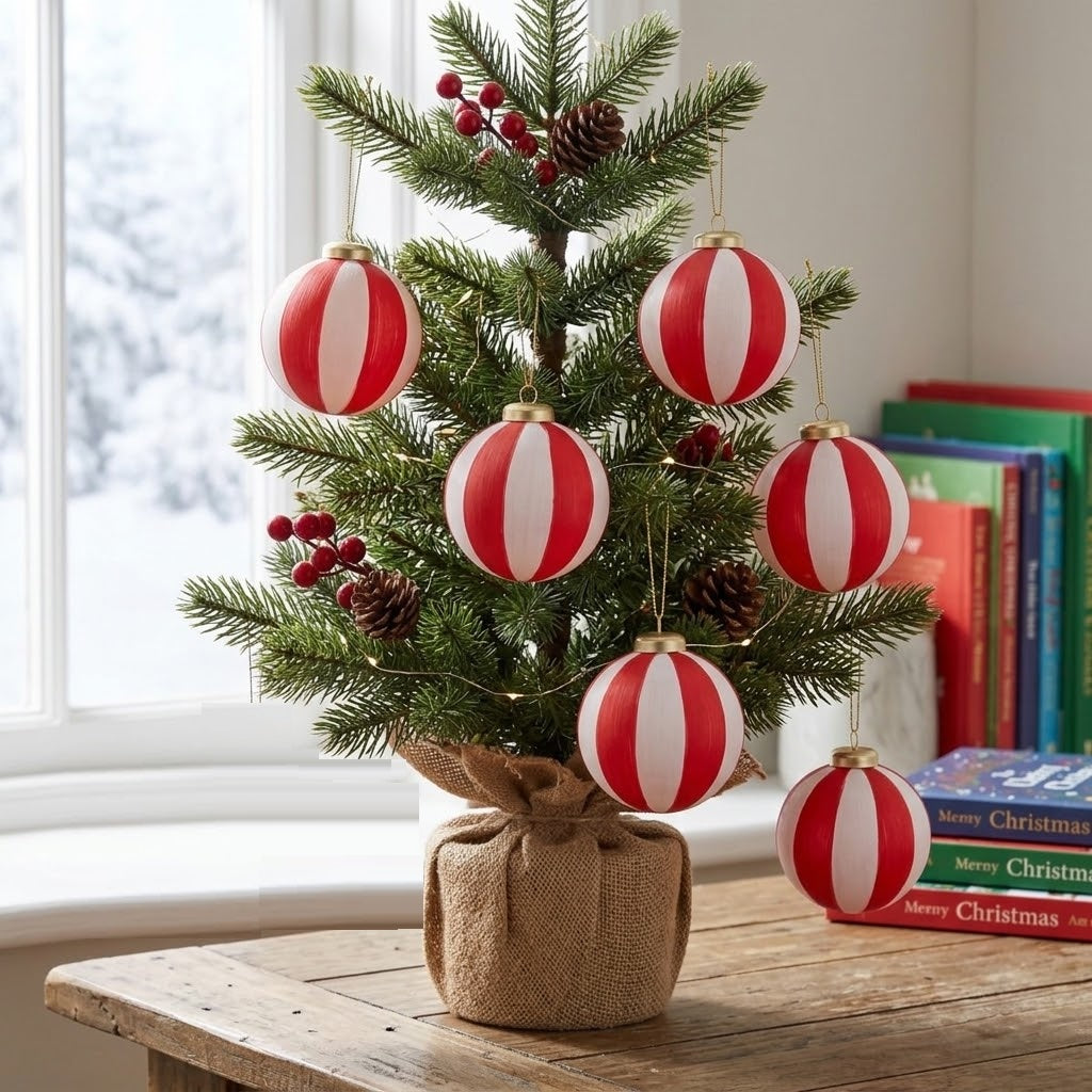 Sass & Belle Red & White Striped Yarn Christmas Baubles Set of 6 Large